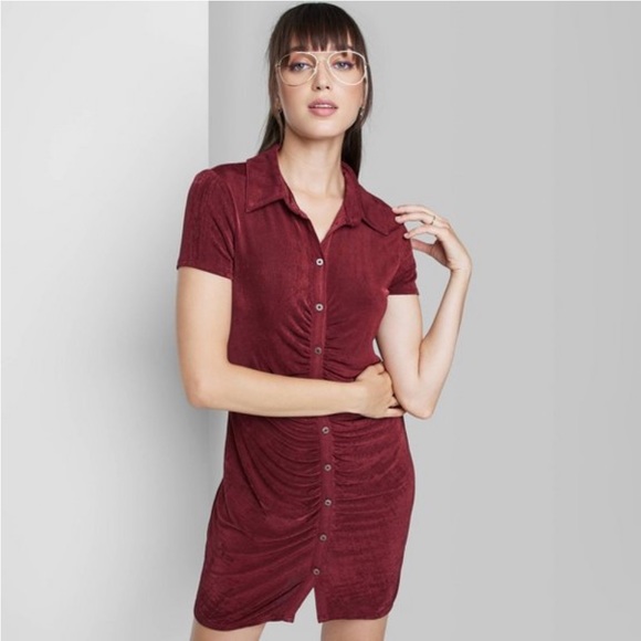 Women’s Short Sleeve Button Front Bodycon Dress by Wild Fable Berry Red - Picture 1 of 4